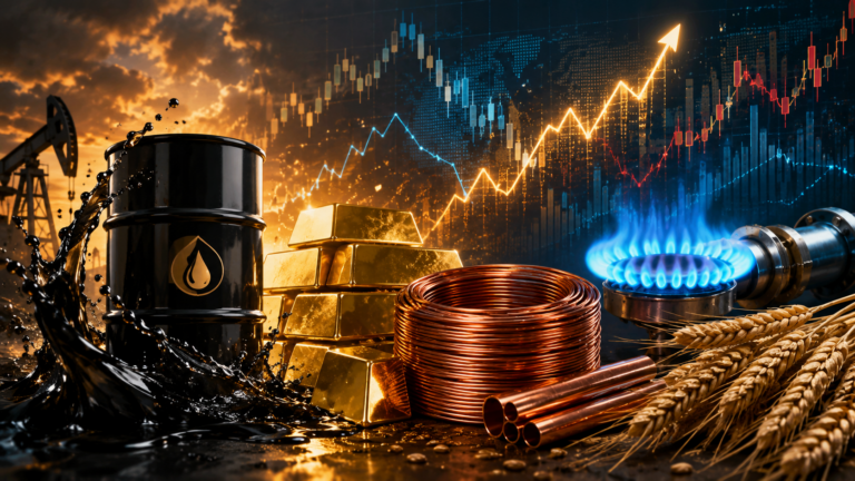 immagine mostra barile di petrolio, oro e vari commodities che possono essere interessanti nell'investimento, trading