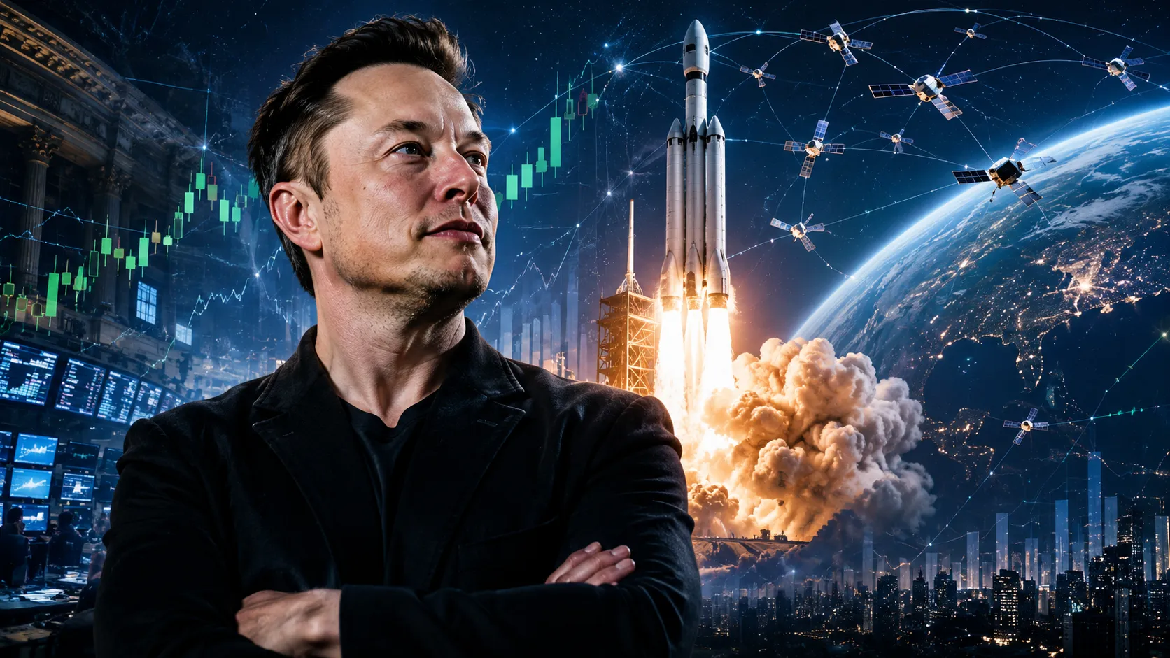 Elon Musk in primo piano davanti a un razzo in fase di lancio, con la Terra vista dallo spazio, satelliti in orbita e grafici finanziari sovrapposti, simbolo dell’ingresso di SpaceX nel mercato azionario e della nuova economia spaziale.