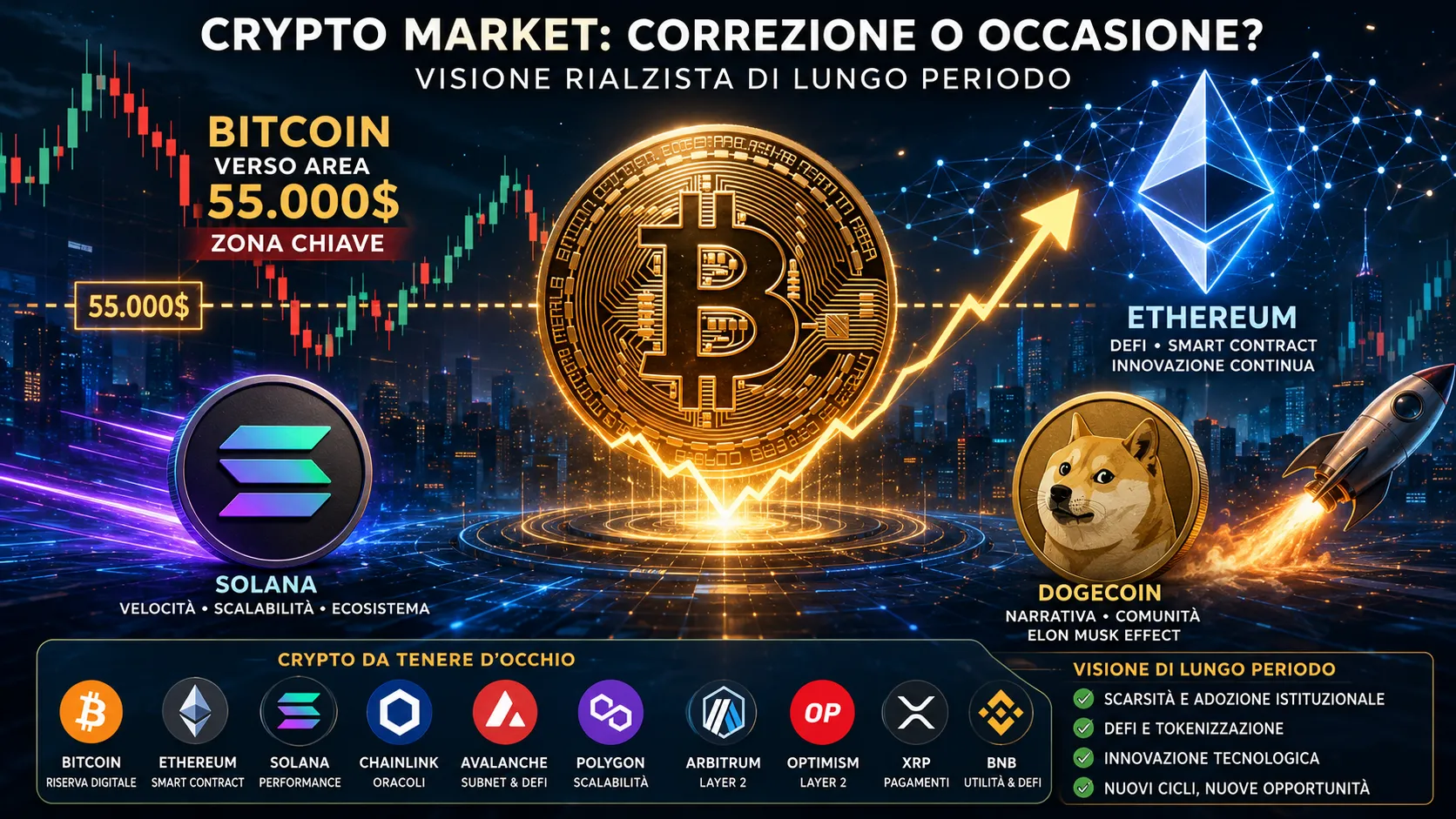 Al momento stai visualizzando Bitcoin verso 55.000 dollari? Il mercato crypto corregge, ma la visione di lungo periodo resta rialzista