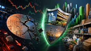 Wafer di semiconduttori in frantumi davanti a settori difensivi, retail e skyline di Wall Street