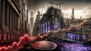 Wall Street con data center AI in costruzione, wafer, reti ottiche, server e razzi tra volatilità e fabbisogno di capitale
