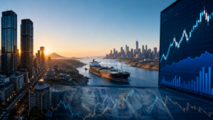 Tokyo e Wall Street tra grafici azionari, dollaro, yen e petroliera nello Stretto di Hormuz durante la riapertura del 10 agosto